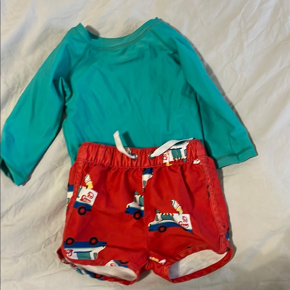 Hannah Andersson Teal Rash Guard and Red Swim Shorts Set